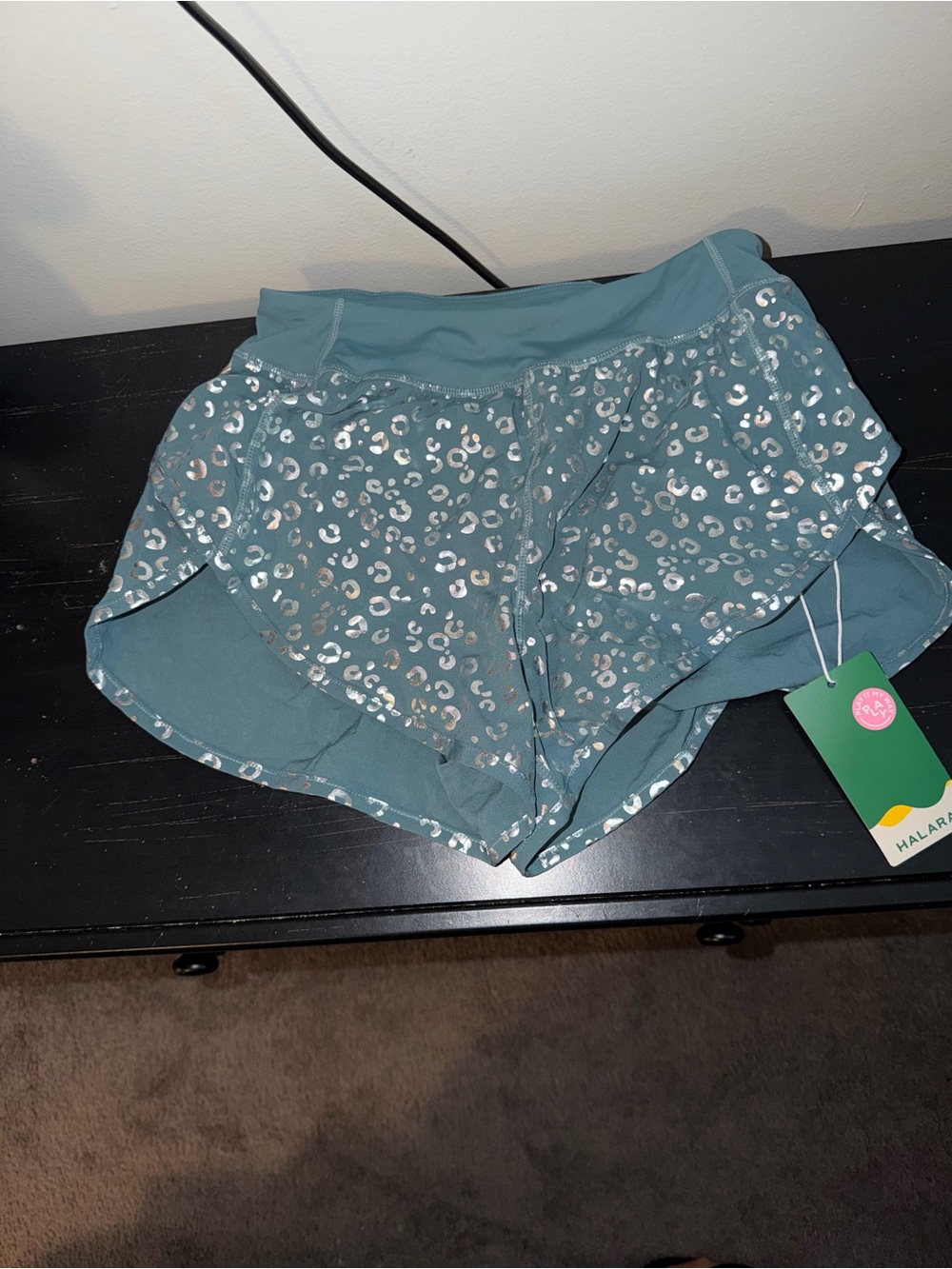HALARA Teal Athletic Shorts with Silver Metallic Leopard Print